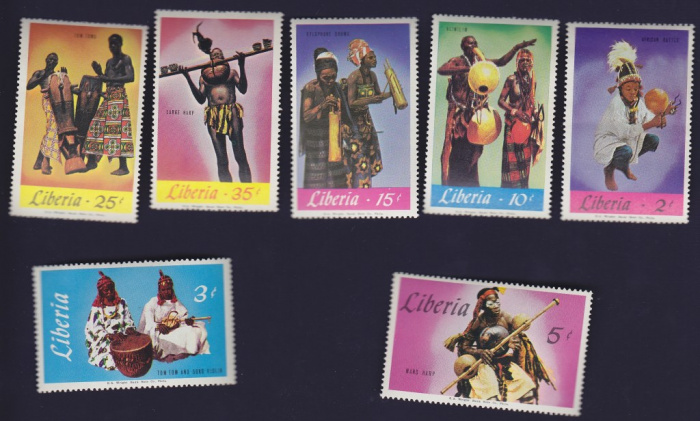 Набор марок Либерия (7 марок) 1967 год &quot;Танцы и музыкальные инструменты Либерии&quot;. Негашеный. AU